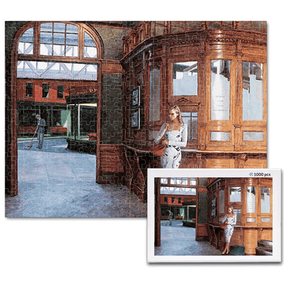 jigsaw puzzle, an art design puzzle after the oil painting The Ticket Office, Homage To Edward Hopper by Theo Michael, includes box