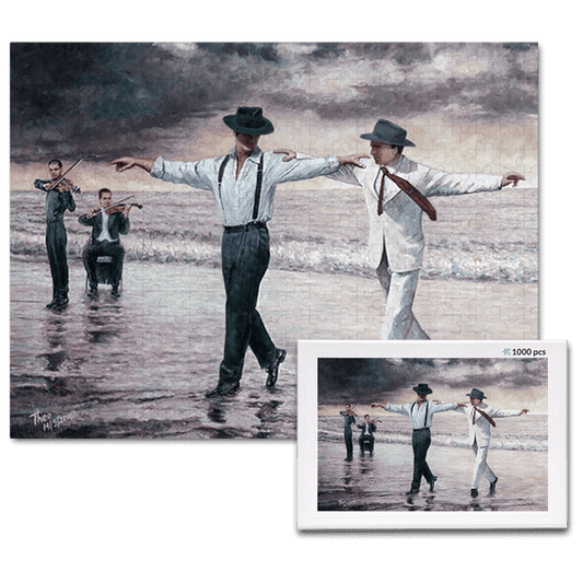 jigsaw puzzle, an art design puzzle after the oil painting The Beach Quartet by Theo Michael, includes box
