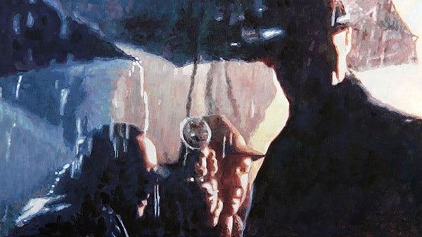 cinematic oil painting by Theo Michael titled The Reporter, featuring a group of men caught in a heavy downpour sheltering under their umbrellas with their camera equipment