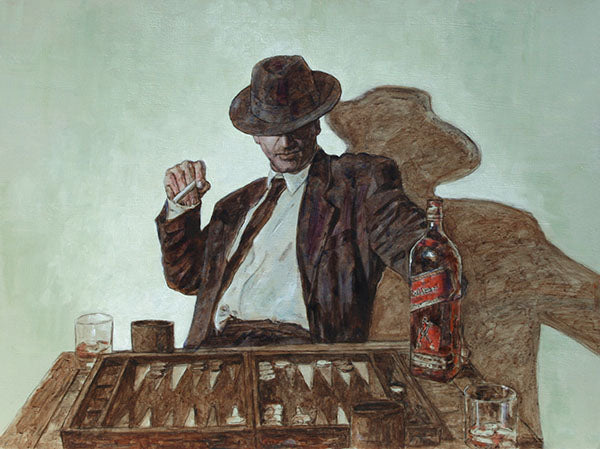 acrylic painting of a backgammon player titled Meet Johnnie Walker by Theo Michael