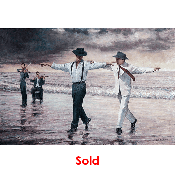 oil painting Greek style dance painting by the beach, Zorba the Greek by Theo Michael titled The Beach Quartet