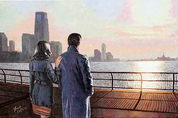 Romantic painting A New Horizon, an oil painting by Theo Michael of a couple overlooking the Hudson River in New York