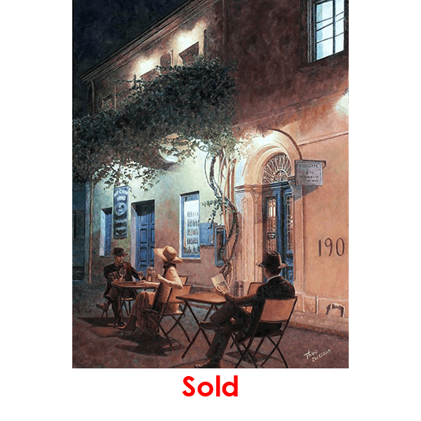 Van Gogh style oil painting of a Night scene by Theo Michael, featuring the outside of the bar and restaurant Art Cafe 1900 in Larnaca Cyprus