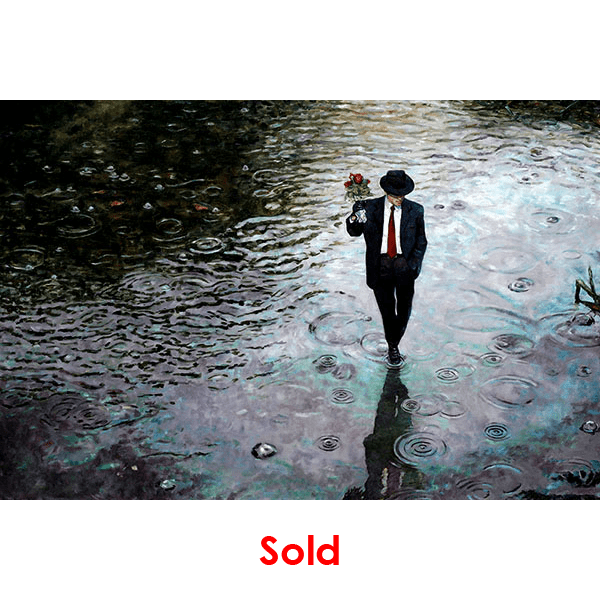 Romantic oil painting by Theo Michael of a guy in the suit and hat walking through the rain with a bunch of roses in his hand