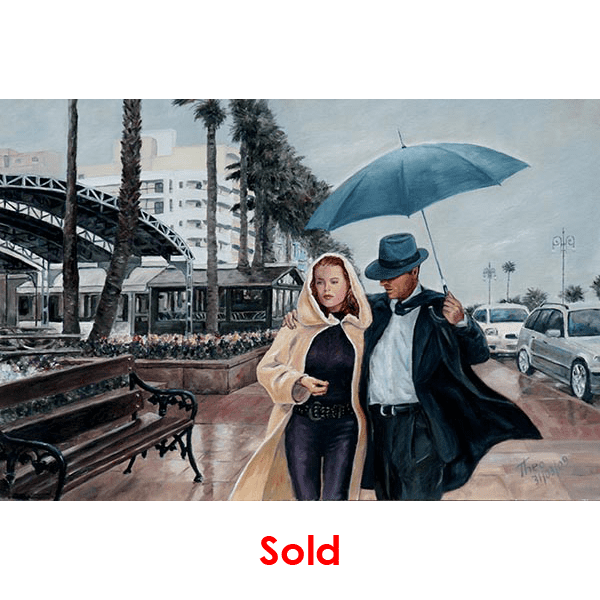 oil painting of a couple walking in the rain with an umbrella along the seafront promenade in Larnaca Cyprus