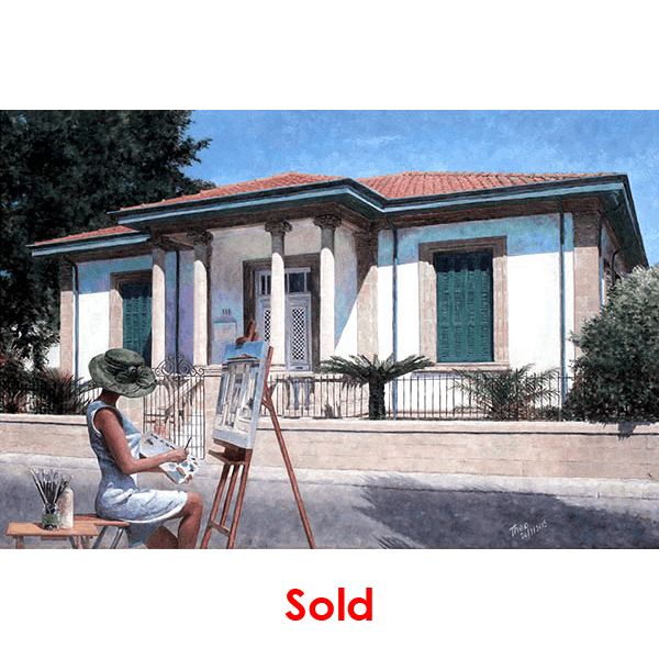 Edward Hopper inspired oil painting by Theo Michael titled Summer TIme featuring an artist in the street painting a beautiful Mediterranean mansion