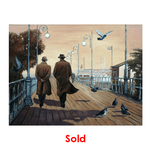 Film noir style oil painting by Theo Michael titled the Boardwalk and featuring two guys in trench coats walking along a pier by the Larnaca seafront in Cyprus