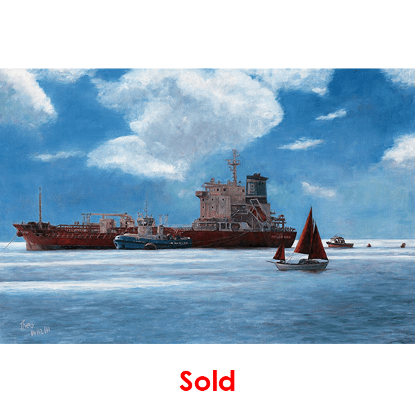 oil painting of a tanker and sailboat along the Larnaca coast in Cyprus by Theo Michael