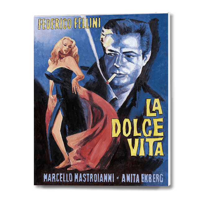 oil painting by Theo Michael of the Movie poster La Dolce Vita starring Anita Ekberg and Marcello Mastroianni. Directed by Federico Fellini