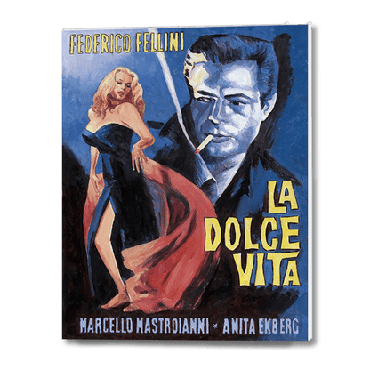 oil painting by Theo Michael of the Movie poster La Dolce Vita starring Anita Ekberg and Marcello Mastroianni. Directed by Federico Fellini