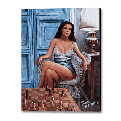 Pin Up Chess painting by Theo Michael, a woman sitting provocatively on a wicker chair  playing a game of chess 