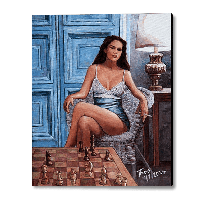 Pin Up Chess painting by Theo Michael, a woman sitting provocatively on a wicker chair  playing a game of chess , original oil painting