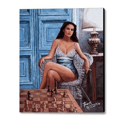 Pin Up Chess painting by Theo Michael, a woman sitting provocatively on a wicker chair  playing a game of chess , original oil painting