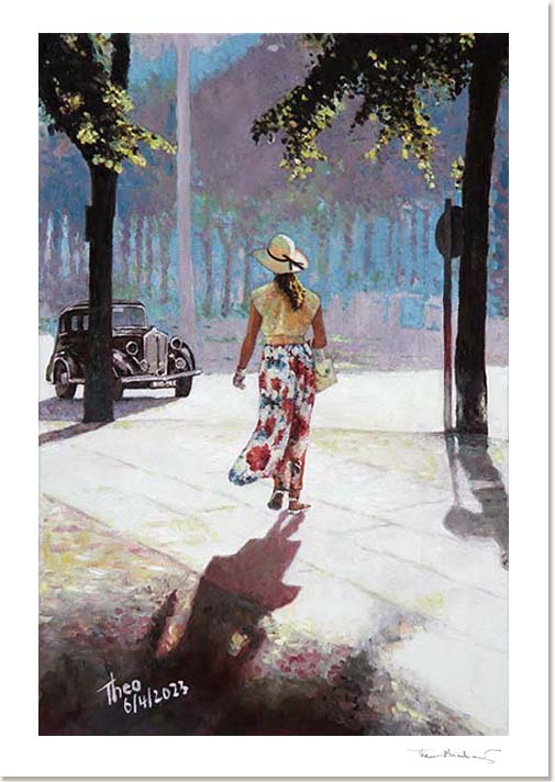 Bring Your Walls to Life with nostalgic painting from Art by Theo Michael: High-Quality Fine Art Print of a woman walking down the street on a summer's day