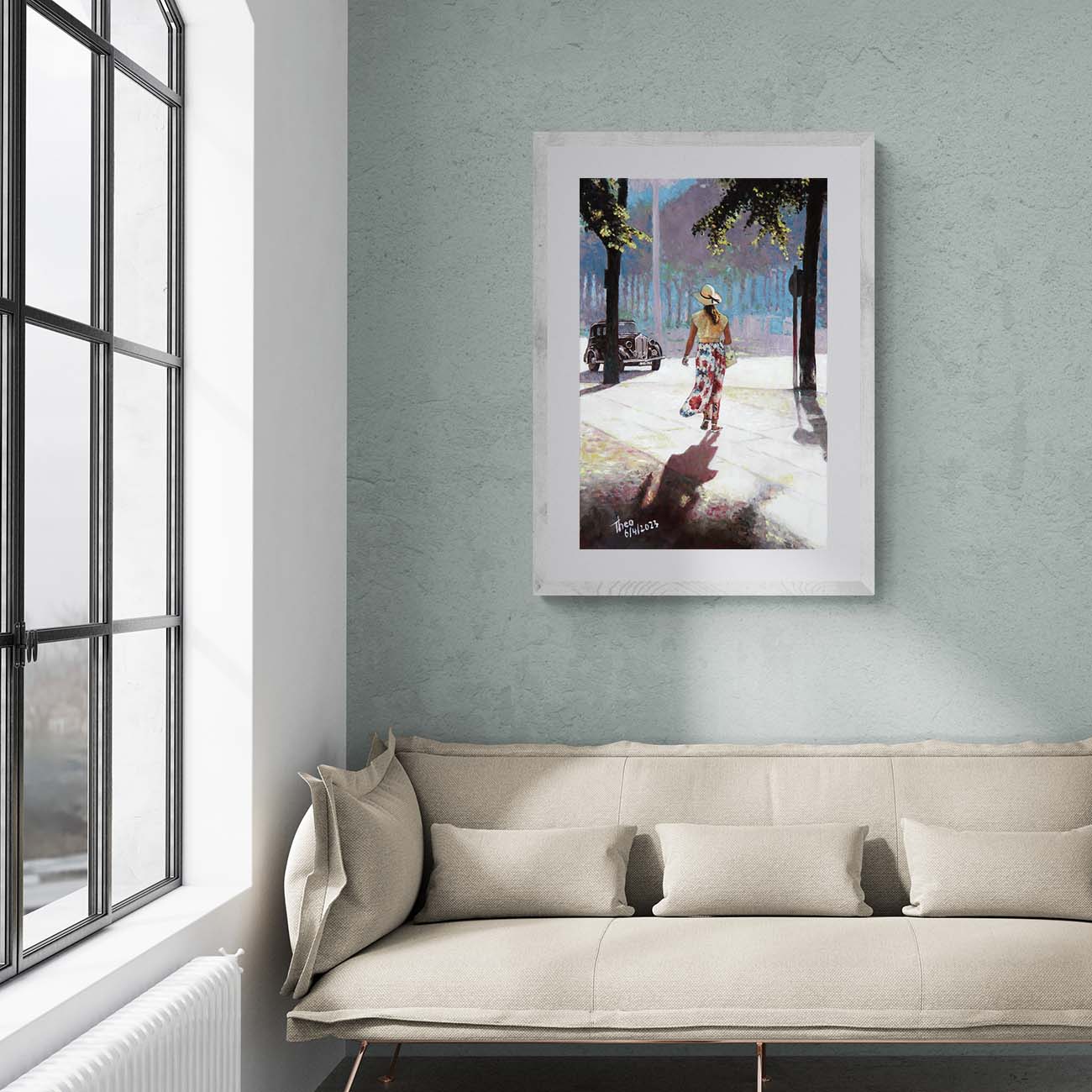 Bring Your Walls to Life with Art by Theo Michael: High-Quality Fine Art Print of a woman walking down the street on a summer's day