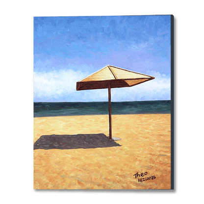 Cyprus oil painting, The Lone Beach Umbrella