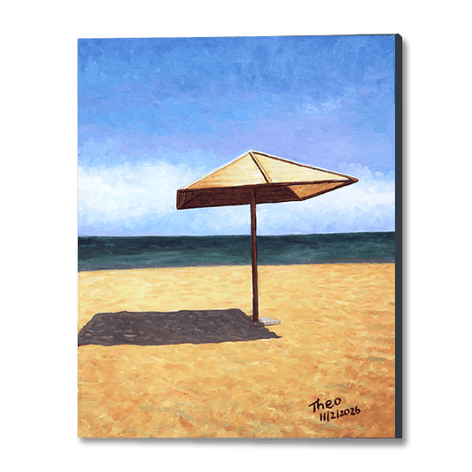 Cyprus oil painting, The Lone Beach Umbrella