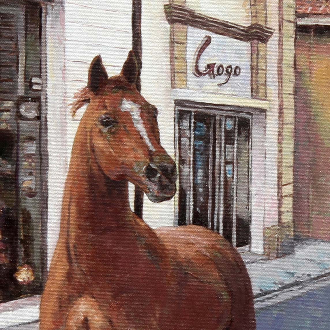 horse painting by Theo Michael featuring a chestnut horse trotting along Larnaca Hight Street in Cyprus during the quiet morning hour, detail.