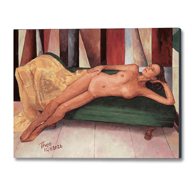 oil Painting by Theo Michael of a nude figure lying on a green couch with abstract background