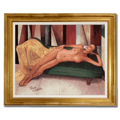 Framed oil Painting by Theo Michael of a nude figure lying on a green couch with abstract background