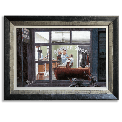 oil painting The Barbershop by Theo Michael featuring a barber at his craft 