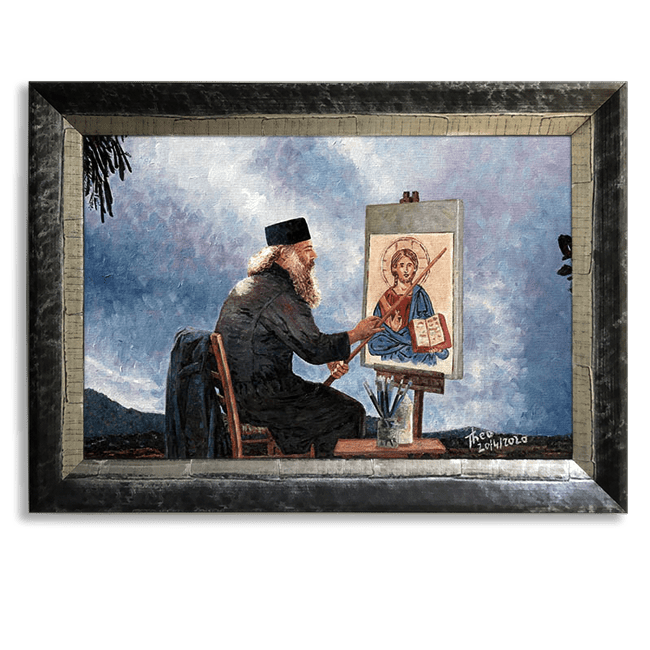 oil painting of a traditional Cypriot priest painting an icon by Theo Michael