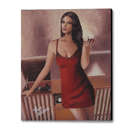 Pin Up oil painting of a seductive woman dressed in a red slip dress and standing in front of an antique radiogram sipping a glass of wine. An original oil painting by Theo Michael