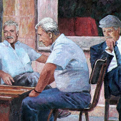 oil painting of Cyprus traditions, The Backgammon Players by Theo Michael featuring a group of men idling their time away with a game of backgammon. Detail of oil painting.