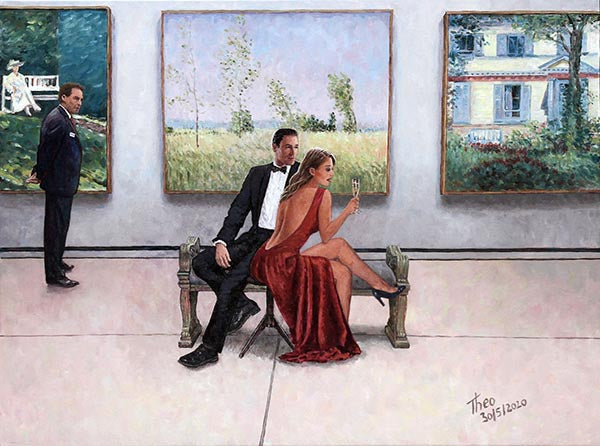 Romantic painting, The Gallery Attendant by Theo Michael, an oil painting featuring a couple enjoying a drink at an art gallery