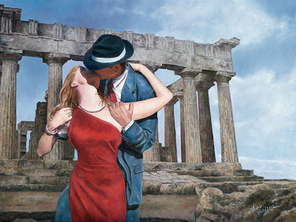 Romantic painting, The Kiss an oil painting by Theo Michael of a couple kissing at the steps of the Acropolis in Greece