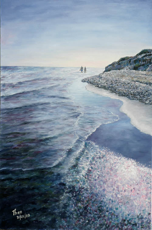 Seascape painting, an oil painting featuring a beautiful shoreline by Theo Michael