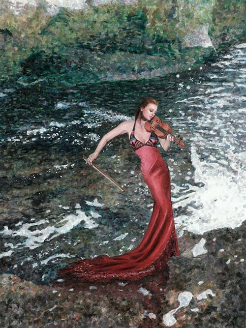 Seascape painting, featuring a violinist in the water. It is the first panel of a triptych by Theo Michael