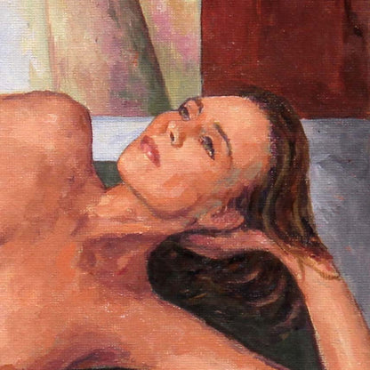 Detail of oil Painting by Theo Michael of a nude figure lying on a green couch with abstract background