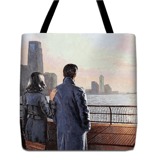 Tote bag unique art design by Theo Michael, a reproduction of the oil painting A New Horizion