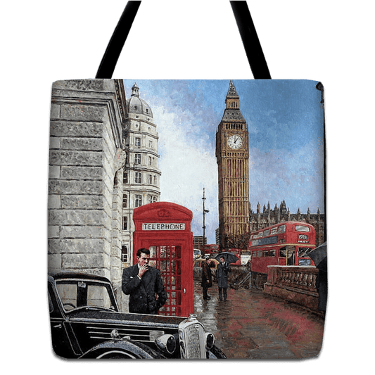 Tote bag unique art design by Theo Michael, a reproduction of the oil painting Big Ben London Westminster
