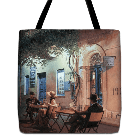 Tote bag unique art design by Theo Michael, a reproduction of the oil painting Cafe At Night