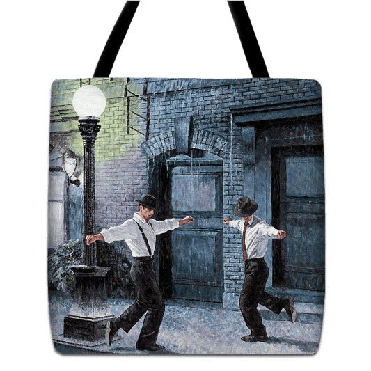 Tote bag unique art design by Theo Michael, a reproduction of the oil painting Dancing in The Rain