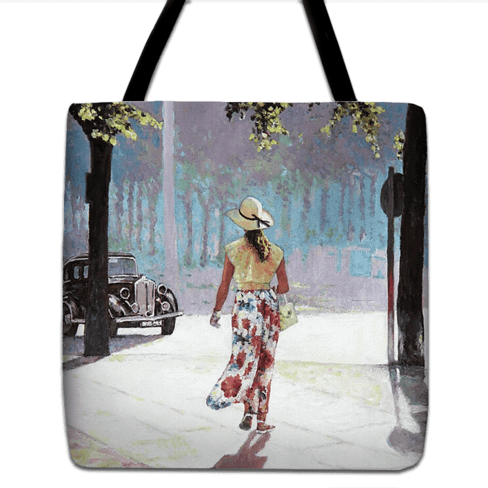 Tote bag unique art design by Theo Michael, a reproduction of the oil painting Lady Walking With Summer Hat