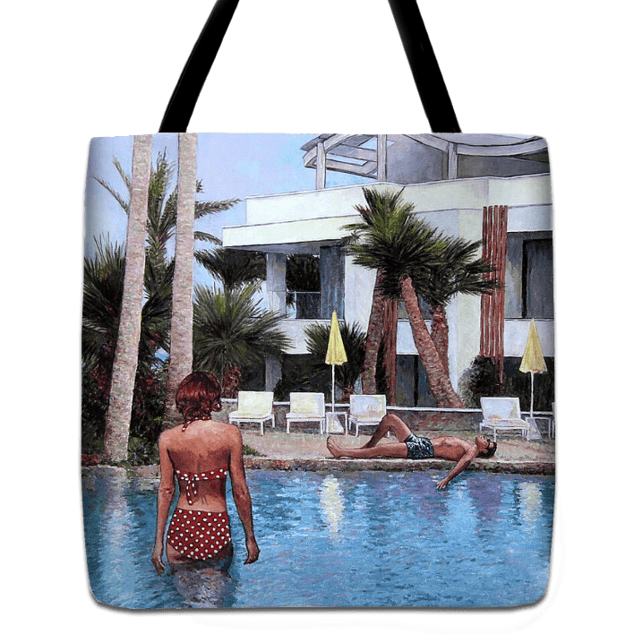 Tote bag unique art design by Theo Michael, a reproduction of the oil painting Radisson Beach Hotel