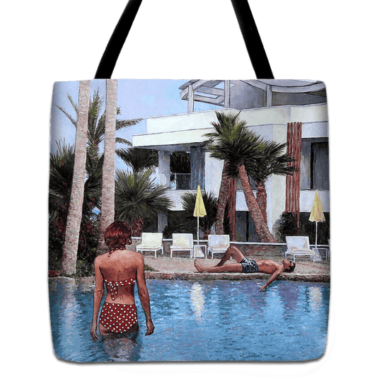 Tote bag unique art design by Theo Michael, a reproduction of the oil painting Radisson Beach Hotel