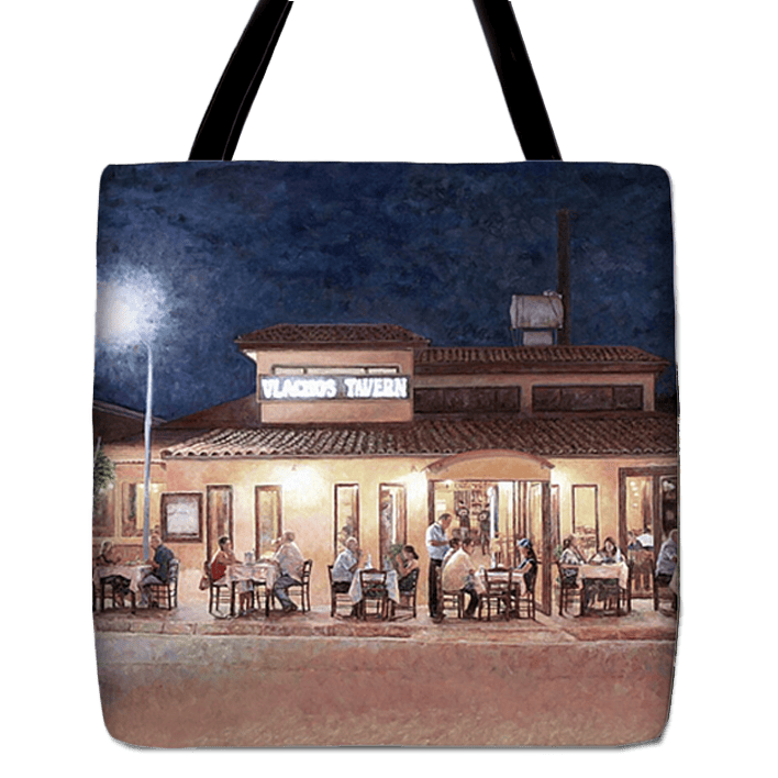 Tote Bag of an outdoor restaurant setting. After an oil painting by Theo Michael featuring Vlachos Tavern, a taverna in Larnaca Cyprus.