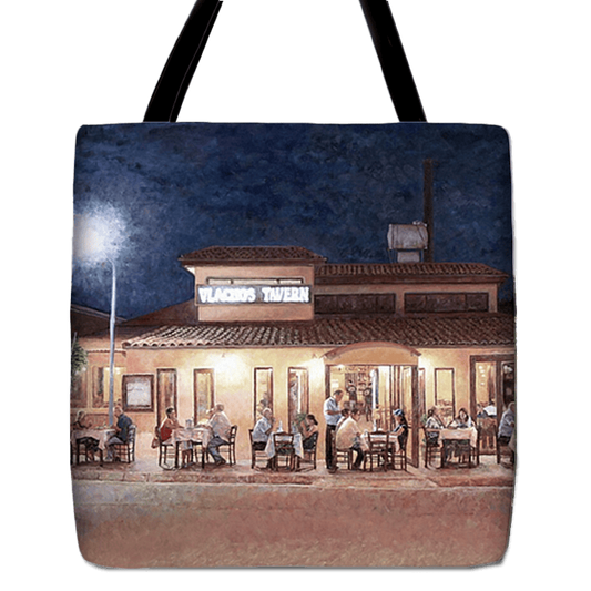 Tote Bag of an outdoor restaurant setting. After an oil painting by Theo Michael featuring Vlachos Tavern, a taverna in Larnaca Cyprus.