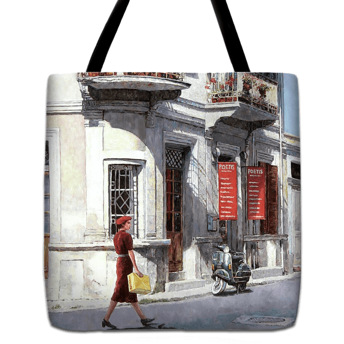 Tote bag unique art design by Theo Michael, a reproduction of the oil painting The Green Vespa