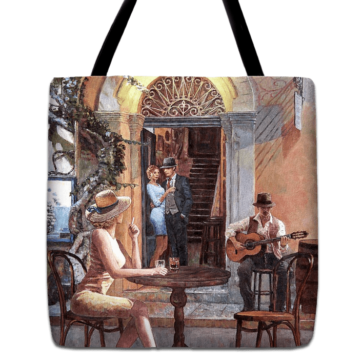 Tote bag unique art design by Theo Michael, a reproduction of the oil painting The Guitar Player