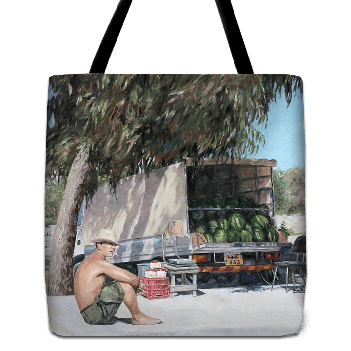 Tote bag unique art design by Theo Michael, a reproduction of the oil painting The Melon Seller 