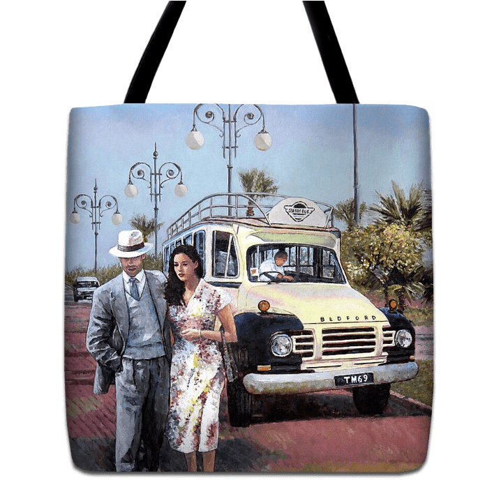 Tote bag unique art design by Theo Michael, a reproduction of the oil painting The Sunday Stroll