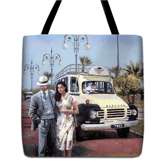 Tote bag unique art design by Theo Michael, a reproduction of the oil painting The Sunday Stroll