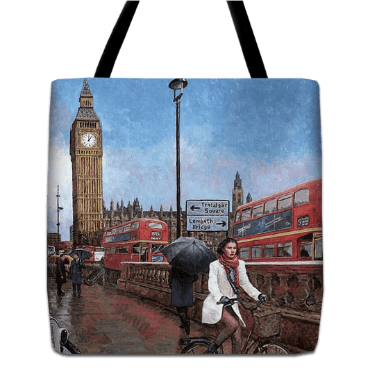 Tote bag unique art design by Theo Michael, a reproduction of the oil painting Westminster London