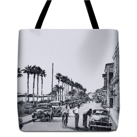 Tote bag unique art design by Theo Michael, a reproduction of the oil painting Athinon Avenue