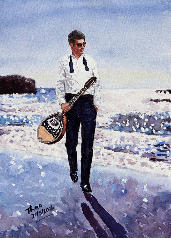 Watercolour painting, The Bouzouki Player by Theo Michael